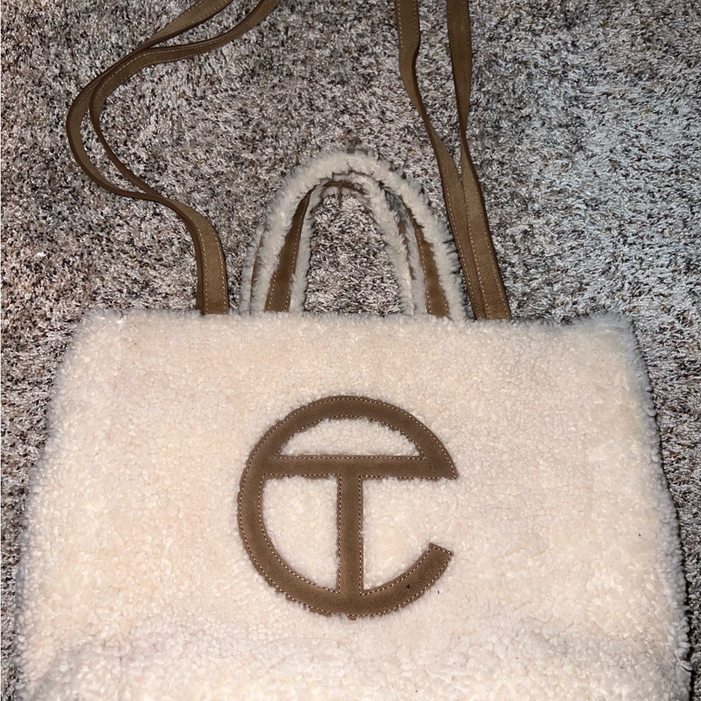 Telfar x UGG Medium Reverse Shopper bag in natural sheepskin with a suede trim